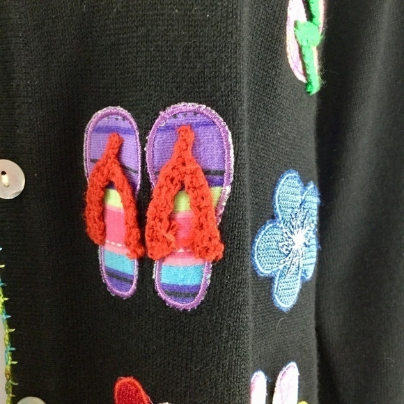 SWEATER sweater brand flip flops & tropical flowers black button front cardigan - Picture 4 of 12